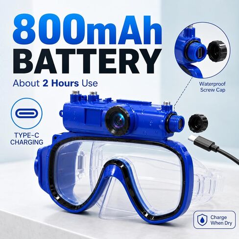 2K Diving Mask Camera for Snorkeling and Swimming | 15 m Waterproof, Detachable Design, Wi-Fi Viewing, Type-C Charging & 16GB TF Card in Kuwait