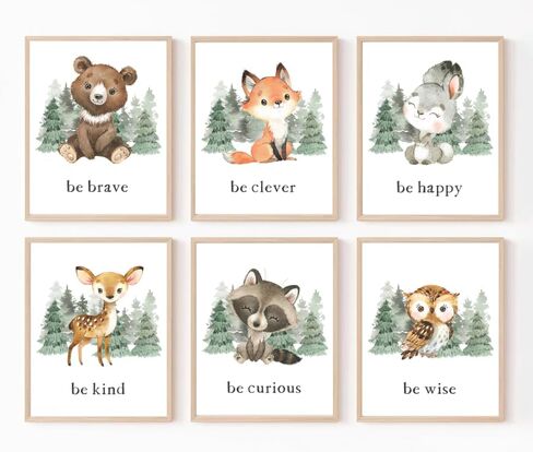 Woodland Animal Nursery Wall Art Decor Set of 6 Baby Boys Room, Baby Woodland Animal Prints Pictures for Nursery Decor,Woodland Forest Animals Nursery Decor for Baby Boy Girls,UNFRAMED in Kuwait