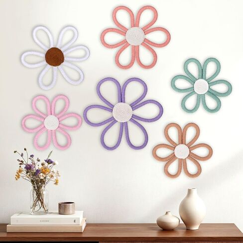 6 Pcs Flower Wall Decor, Boho Nursery Decor Daisy Flower 3 Size 6 Colors | 6 Pcs Flower Wall Decor, Boho Nursery Decor Daisy Flower Cotton Rope Macrame Floral Wall Hanging for Nursery, Bedroom Decor in Kuwait