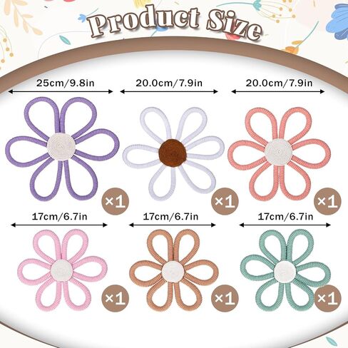6 Pcs Flower Wall Decor, Boho Nursery Decor Daisy Flower 3 Size 6 Colors | 6 Pcs Flower Wall Decor, Boho Nursery Decor Daisy Flower Cotton Rope Macrame Floral Wall Hanging for Nursery, Bedroom Decor in Kuwait