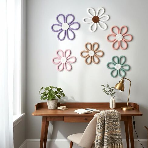 6 Pcs Flower Wall Decor, Boho Nursery Decor Daisy Flower 3 Size 6 Colors | 6 Pcs Flower Wall Decor, Boho Nursery Decor Daisy Flower Cotton Rope Macrame Floral Wall Hanging for Nursery, Bedroom Decor in Kuwait