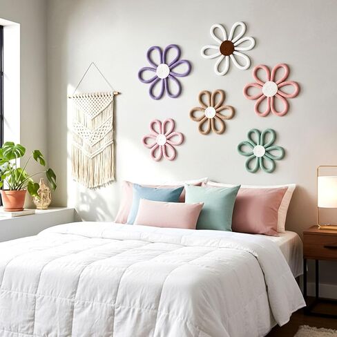 6 Pcs Flower Wall Decor, Boho Nursery Decor Daisy Flower 3 Size 6 Colors | 6 Pcs Flower Wall Decor, Boho Nursery Decor Daisy Flower Cotton Rope Macrame Floral Wall Hanging for Nursery, Bedroom Decor in Kuwait
