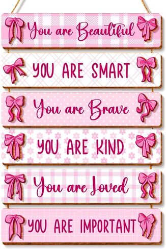 6 Pcs Pink Bow Room Decor for Girls,You Are Beautiful Inspirational Quote Wall Art Wooden Hanging Signs for Girls Room Toddler Nursery Playroom Classroom Decor in Kuwait