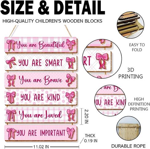6 Pcs Pink Bow Room Decor for Girls,You Are Beautiful Inspirational Quote Wall Art Wooden Hanging Signs for Girls Room Toddler Nursery Playroom Classroom Decor in Kuwait