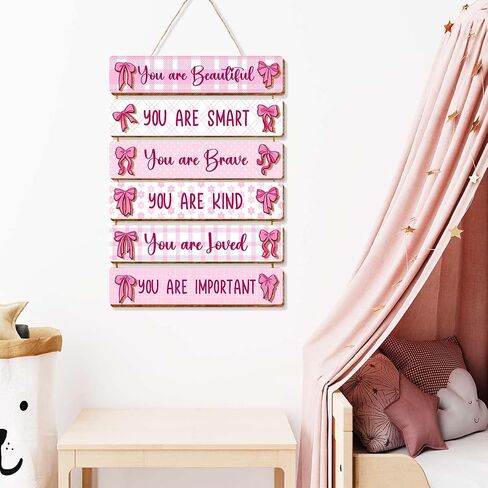 6 Pcs Pink Bow Room Decor for Girls,You Are Beautiful Inspirational Quote Wall Art Wooden Hanging Signs for Girls Room Toddler Nursery Playroom Classroom Decor in Kuwait