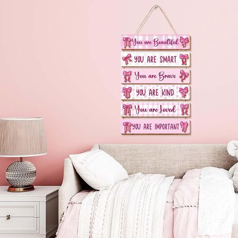 6 Pcs Pink Bow Room Decor for Girls,You Are Beautiful Inspirational Quote Wall Art Wooden Hanging Signs for Girls Room Toddler Nursery Playroom Classroom Decor in Kuwait