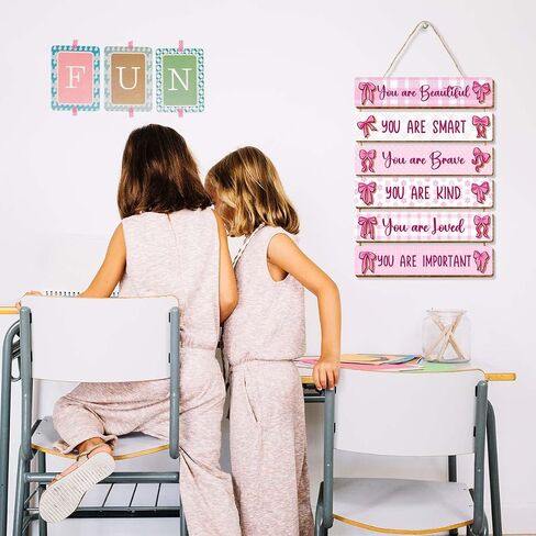 6 Pcs Pink Bow Room Decor for Girls,You Are Beautiful Inspirational Quote Wall Art Wooden Hanging Signs for Girls Room Toddler Nursery Playroom Classroom Decor in Kuwait