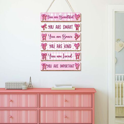 6 Pcs Pink Bow Room Decor for Girls,You Are Beautiful Inspirational Quote Wall Art Wooden Hanging Signs for Girls Room Toddler Nursery Playroom Classroom Decor in Kuwait