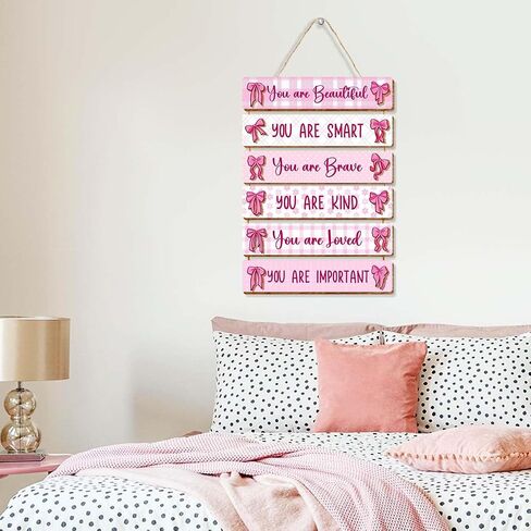 6 Pcs Pink Bow Room Decor for Girls,You Are Beautiful Inspirational Quote Wall Art Wooden Hanging Signs for Girls Room Toddler Nursery Playroom Classroom Decor in Kuwait