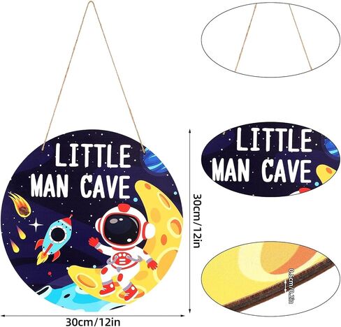 Little Man Outer Space Theme Sign, 30cm/12in Round Hanging Wall Decor Astronaut Cave Themed Wooden Plaque for Boys Bedroom Nursery Playroom Kids Room Art Decorations in Kuwait