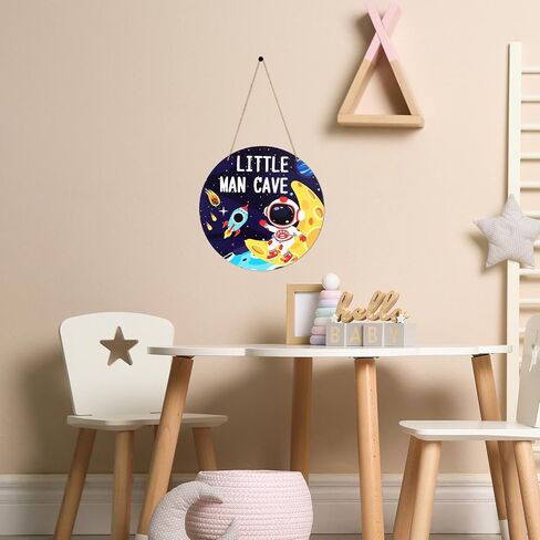 Little Man Outer Space Theme Sign, 30cm/12in Round Hanging Wall Decor Astronaut Cave Themed Wooden Plaque for Boys Bedroom Nursery Playroom Kids Room Art Decorations in Kuwait