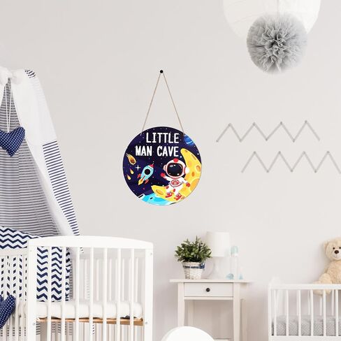 Little Man Outer Space Theme Sign, 30cm/12in Round Hanging Wall Decor Astronaut Cave Themed Wooden Plaque for Boys Bedroom Nursery Playroom Kids Room Art Decorations in Kuwait