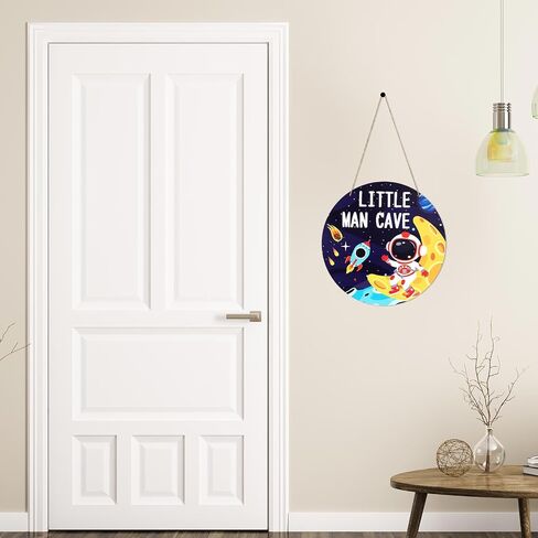 Little Man Outer Space Theme Sign, 30cm/12in Round Hanging Wall Decor Astronaut Cave Themed Wooden Plaque for Boys Bedroom Nursery Playroom Kids Room Art Decorations in Kuwait