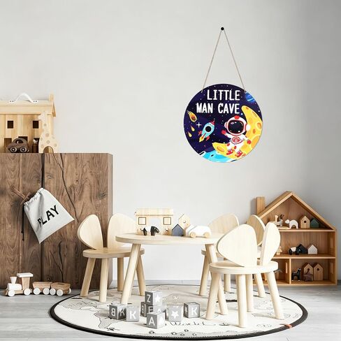 Little Man Outer Space Theme Sign, 30cm/12in Round Hanging Wall Decor Astronaut Cave Themed Wooden Plaque for Boys Bedroom Nursery Playroom Kids Room Art Decorations in Kuwait