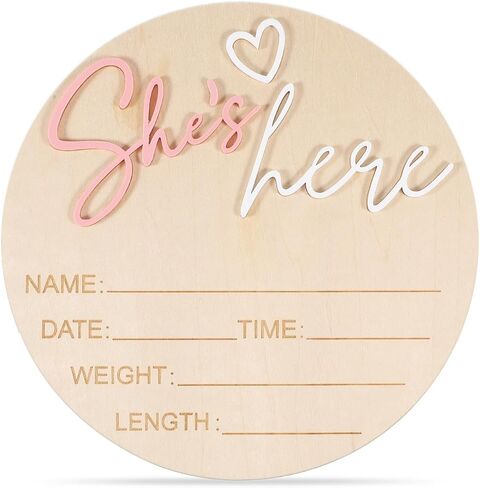 She's Here Baby Sign, Birth Announcement Sign,Wooden Round Baby Girl Announcement Sign for New Parents, Keepsake, Gender Reveal Party in Kuwait