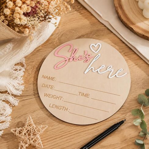She's Here Baby Sign, Birth Announcement Sign,Wooden Round Baby Girl Announcement Sign for New Parents, Keepsake, Gender Reveal Party in Kuwait
