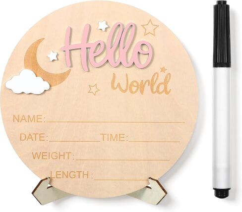 Hello World Newborn Birth Sign, 6 Inch Baby Announcement Sign, Welcome Baby Name Plaque Moon and White Cloud Decoration, Birth Announcement Signs and Pen for Home Hospital Nursery Newborn Gift(Pink) in Kuwait