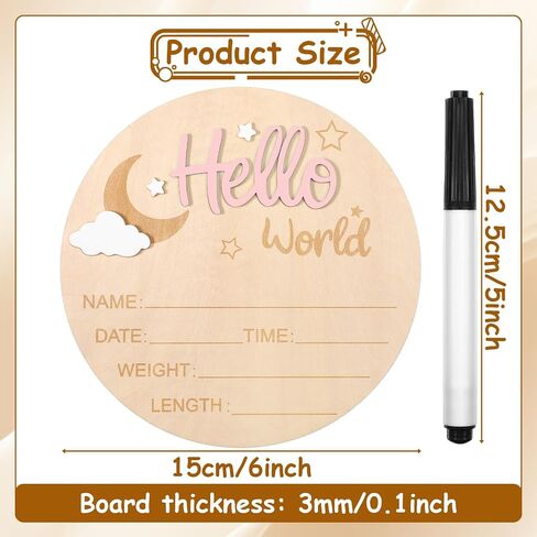Hello World Newborn Birth Sign, 6 Inch Baby Announcement Sign, Welcome Baby Name Plaque Moon and White Cloud Decoration, Birth Announcement Signs and Pen for Home Hospital Nursery Newborn Gift(Pink) in Kuwait