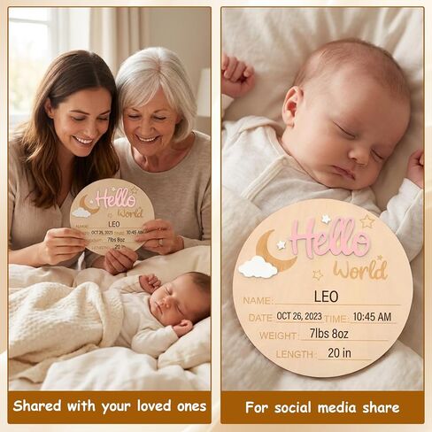Hello World Newborn Birth Sign, 6 Inch Baby Announcement Sign, Welcome Baby Name Plaque Moon and White Cloud Decoration, Birth Announcement Signs and Pen for Home Hospital Nursery Newborn Gift(Pink) in Kuwait
