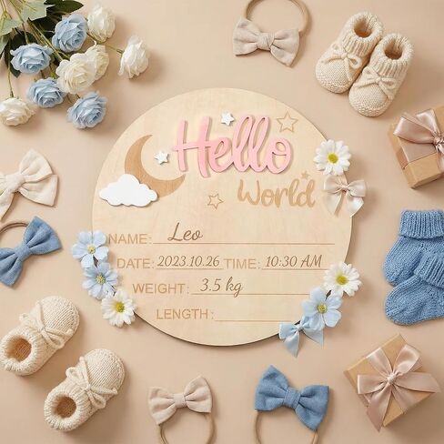 Hello World Newborn Birth Sign, 6 Inch Baby Announcement Sign, Welcome Baby Name Plaque Moon and White Cloud Decoration, Birth Announcement Signs and Pen for Home Hospital Nursery Newborn Gift(Pink) in Kuwait