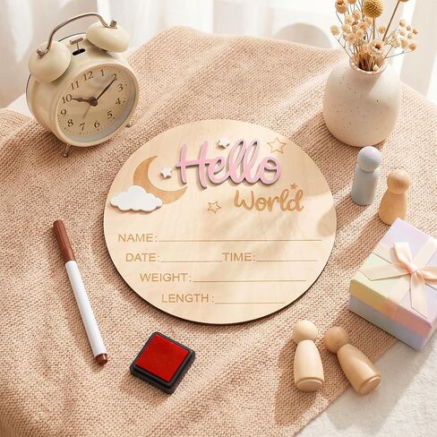 Hello World Newborn Birth Sign, 6 Inch Baby Announcement Sign, Welcome Baby Name Plaque Moon and White Cloud Decoration, Birth Announcement Signs and Pen for Home Hospital Nursery Newborn Gift(Pink) in Kuwait