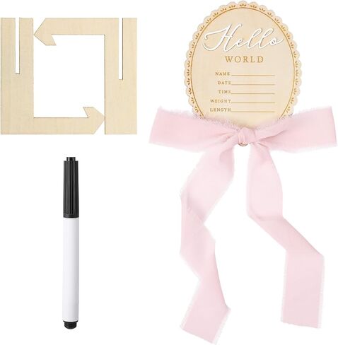 Baby Announcement Sign Wooden Hello World Newborn Sign Bow Baby Name Birth Announcement Signs for Newborn Photo Props Babys Shower Hospital Nursery (Pink) in Kuwait