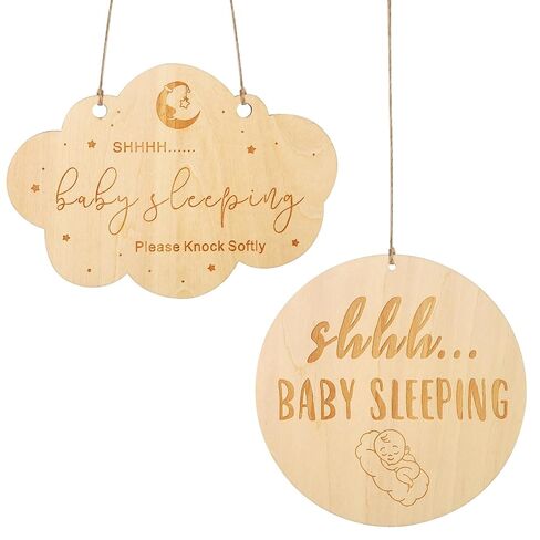 2pcs Baby Sleeping Sign, Different Shape Baby Sleeping Door Sign with Hemp Rope Wooden Do Not Ring Doorbell Sign Baby Hanging for Front Door Nursery Bedroom Room in Kuwait