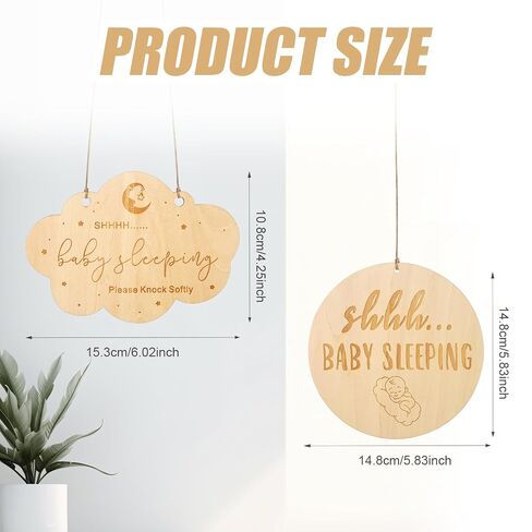 2pcs Baby Sleeping Sign, Different Shape Baby Sleeping Door Sign with Hemp Rope Wooden Do Not Ring Doorbell Sign Baby Hanging for Front Door Nursery Bedroom Room in Kuwait