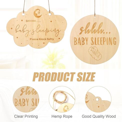 2pcs Baby Sleeping Sign, Different Shape Baby Sleeping Door Sign with Hemp Rope Wooden Do Not Ring Doorbell Sign Baby Hanging for Front Door Nursery Bedroom Room in Kuwait