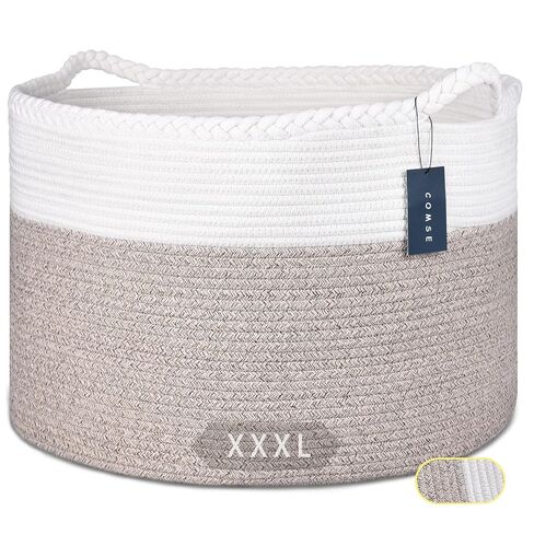 COMSE XXXLarge Woven Blanket & Laundry Basket, 87L, White & Blue | 21.7" x 13.8", Cotton Rope, Nursery Hamper for Storage of Toys Clothes Towels, Ideal for Living Room Bedroom Bathroom in Kuwait