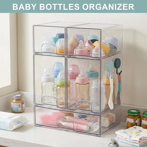 POLRAI 5 Pack Baby Bottles Organizer with Brush and Hooks, Stackable Acrylic Storage Boxes for Baby Bottles, Makeup, Small Items, Clear Storage Containers for Kitchen, Bathroom, Bedroom, Cabinet in Kuwait
