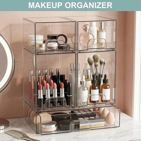 POLRAI 5 Pack Baby Bottles Organizer with Brush and Hooks, Stackable Acrylic Storage Boxes for Baby Bottles, Makeup, Small Items, Clear Storage Containers for Kitchen, Bathroom, Bedroom, Cabinet in Kuwait