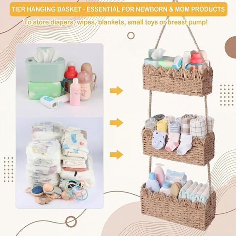 Qunclay Over The Door Hanging Basket 3-tier Decorative Hanging Nursery Baskets Large Baby Diaper Caddy Wall Mounted Woven Organizer for Home Bedroom Living Room Baby Shower Gifts in Kuwait