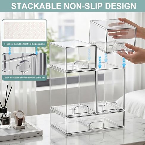 POLRAI 5 Pack Baby Bottles Organizer with Brush and Hooks, Stackable Acrylic Storage Boxes for Baby Bottles, Makeup, Small Items, Clear Storage Containers for Kitchen, Bathroom, Bedroom, Cabinet in Kuwait