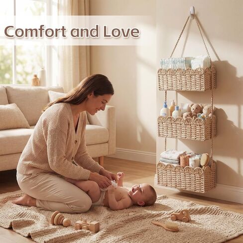 Qunclay Over The Door Hanging Basket 3-tier Decorative Hanging Nursery Baskets Large Baby Diaper Caddy Wall Mounted Woven Organizer for Home Bedroom Living Room Baby Shower Gifts in Kuwait