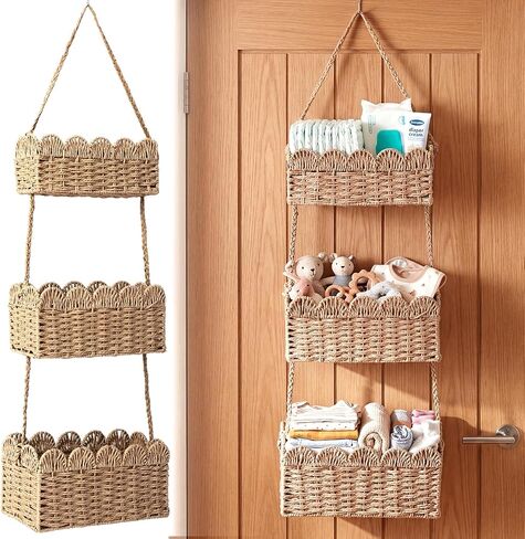 Qunclay Over The Door Hanging Basket 3-tier Decorative Hanging Nursery Baskets Large Baby Diaper Caddy Wall Mounted Woven Organizer for Home Bedroom Living Room Baby Shower Gifts in Kuwait