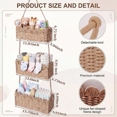 Qunclay Over The Door Hanging Basket 3-tier Decorative Hanging Nursery Baskets Large Baby Diaper Caddy Wall Mounted Woven Organizer for Home Bedroom Living Room Baby Shower Gifts in Kuwait