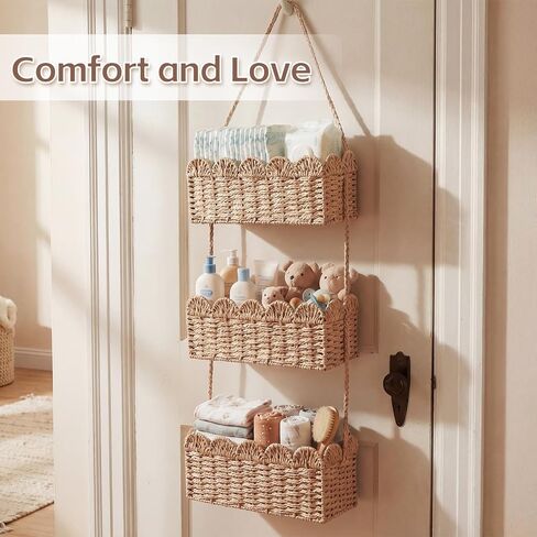 Qunclay Over The Door Hanging Basket 3-tier Decorative Hanging Nursery Baskets Large Baby Diaper Caddy Wall Mounted Woven Organizer for Home Bedroom Living Room Baby Shower Gifts in Kuwait