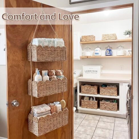 Qunclay Over The Door Hanging Basket 3-tier Decorative Hanging Nursery Baskets Large Baby Diaper Caddy Wall Mounted Woven Organizer for Home Bedroom Living Room Baby Shower Gifts in Kuwait