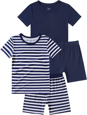 JunNeng Bamboo Viscose Pajamas for Toddler Boy Girl 4 PCs Summer PJs 18M-7Y | Stripe & Solid, Short Sleeve, Snug Fit, Soft, Gentle, Breathable Lightweight, Baby, Little Kids' Sleepwear in Kuwait