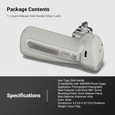 NEEWER Quick Release Bluetooth Side Handle with Cold Shoe & 360° Rotation, Compatible with Blackmagic Camera App for Focus Zoom iPhone 17 Pro Max 16 S25 Ultra Phone Cage Accessories, PA148E (Silver) in Kuwait