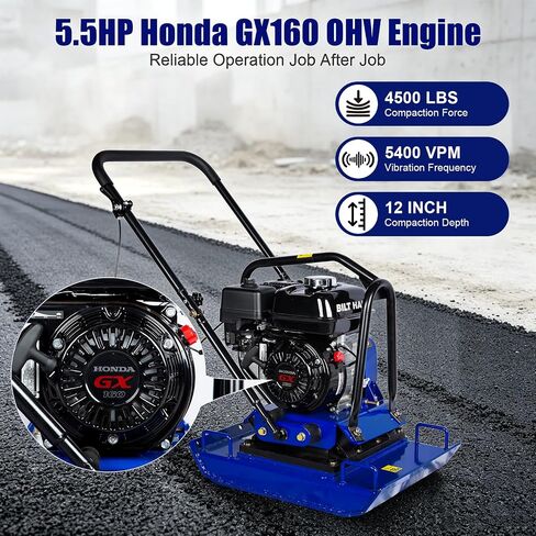 BILT HARD Plate Compactor with GX160 Engine, 5.5 HP 163cc, 5400 VPM, 4500 lbs Compaction Force Vibratory Compaction Tamper with Wheel Kit for Soil, Gravel, Asphalt, Pavers and Landscaping in Kuwait