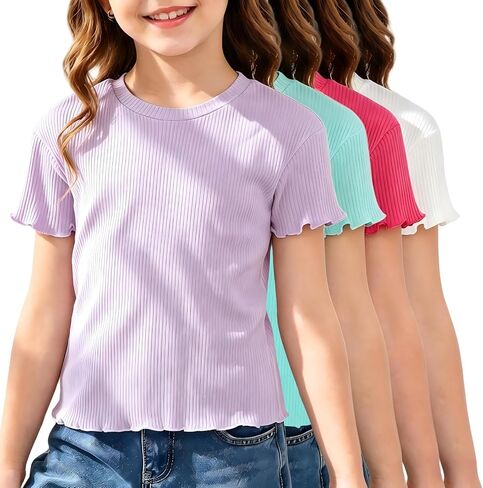 4 Pack Toddler Girls Cotton Tees Short Sleeve Lettuce Trim 18M-6T | Ribbed Knit Crew Neck Basic Tops for Baby Girls 18 Months-6T, Stretchy Summer Shirts, Solid Colors, Layering, No Shrink Fade in Kuwait