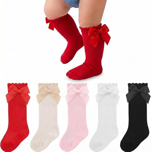 Baby Girl Knee High Socks with Bows Soft Cotton Ruffle Long Stockings Smooth Sole Infant Toddler Uniform in Saudi Arabia