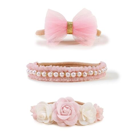 Utaly 3Pcs Soft-Nylon Baby-Girls-Headbands - Handmade-Flower Pearl-Lace Tulle-Bow-Hairbands-Infant Elastic Hair-Accessories for Newborn-Toddler Photoshoot in Kuwait