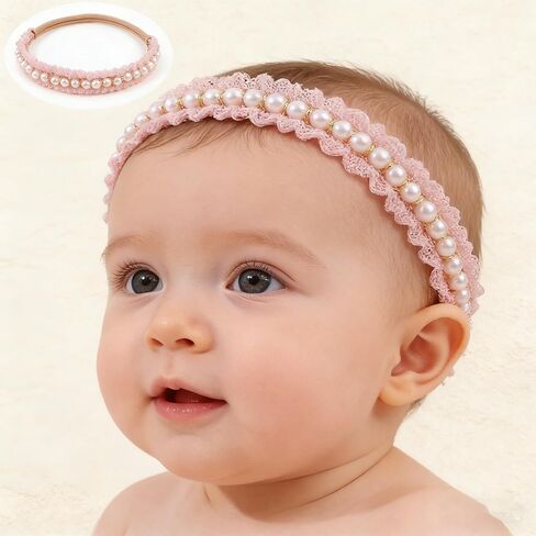 Utaly 3Pcs Soft-Nylon Baby-Girls-Headbands - Handmade-Flower Pearl-Lace Tulle-Bow-Hairbands-Infant Elastic Hair-Accessories for Newborn-Toddler Photoshoot in Kuwait