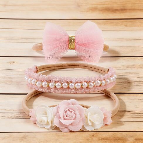 Utaly 3Pcs Soft-Nylon Baby-Girls-Headbands - Handmade-Flower Pearl-Lace Tulle-Bow-Hairbands-Infant Elastic Hair-Accessories for Newborn-Toddler Photoshoot in Kuwait