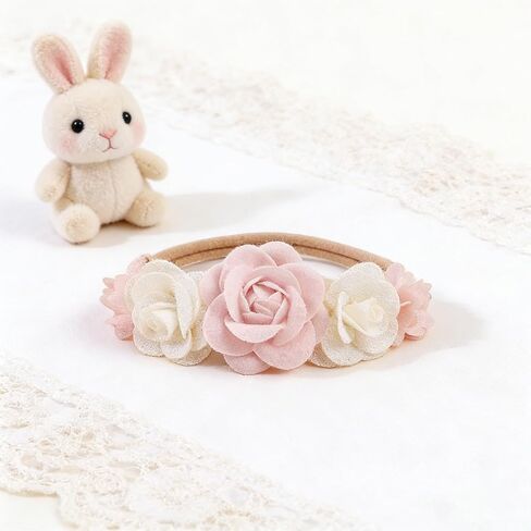 Utaly 3Pcs Soft-Nylon Baby-Girls-Headbands - Handmade-Flower Pearl-Lace Tulle-Bow-Hairbands-Infant Elastic Hair-Accessories for Newborn-Toddler Photoshoot in Kuwait