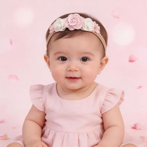 Utaly 3Pcs Soft-Nylon Baby-Girls-Headbands - Handmade-Flower Pearl-Lace Tulle-Bow-Hairbands-Infant Elastic Hair-Accessories for Newborn-Toddler Photoshoot in Kuwait