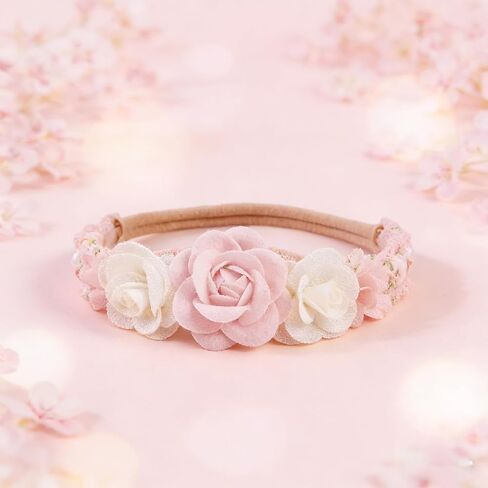 Utaly 3Pcs Soft-Nylon Baby-Girls-Headbands - Handmade-Flower Pearl-Lace Tulle-Bow-Hairbands-Infant Elastic Hair-Accessories for Newborn-Toddler Photoshoot in Kuwait